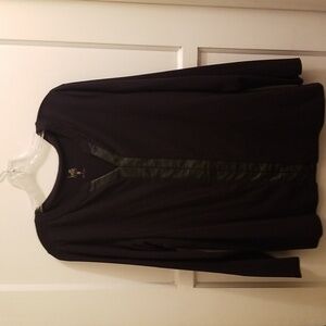 Black Y neck T Shirt with vegan leather trim.